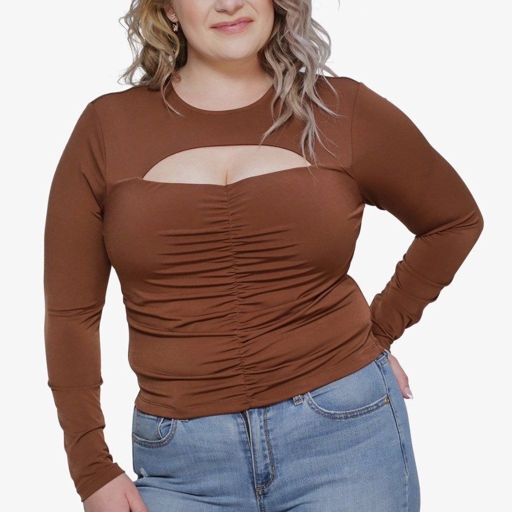Just Polly Trendy Plus Size Ruched Cutout Top